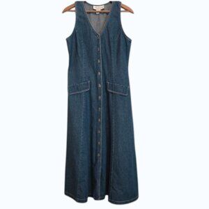 VTG Petite Sophisticate Denim Midi Dress Modest Sleeveless Button Front Size 8P